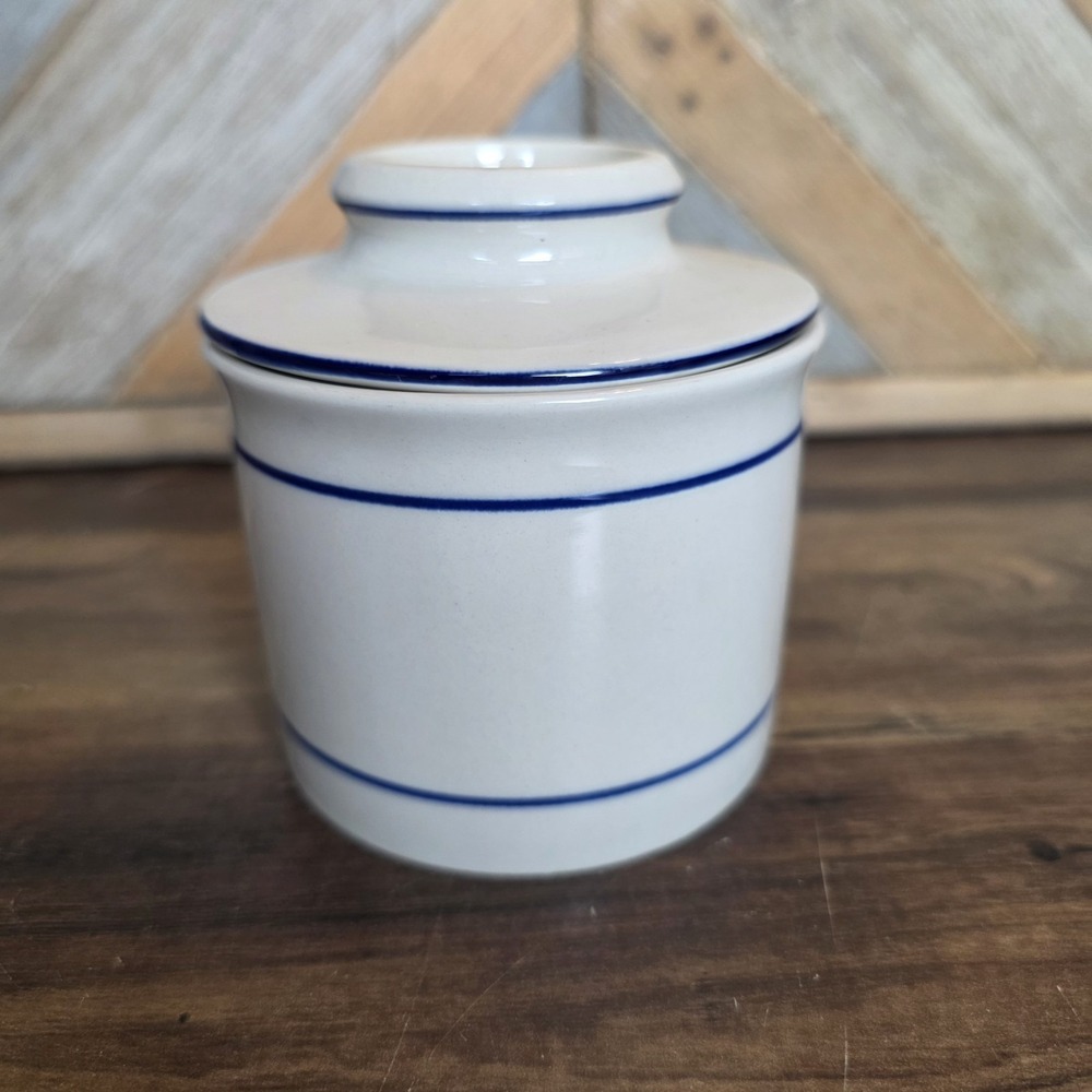 Norpro Stoneware Butter Keeper Ceramic Ivory & Blue Stripe Butter Bellā Storage